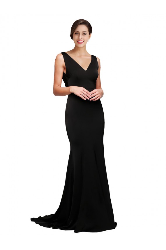Affordable V-Neck Full Length Silky Satin Bridesmaid Dress with Soft Cowl Neck and Sweep Train UK