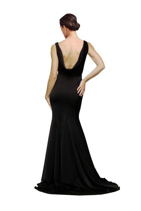 Affordable V-Neck Full Length Silky Satin Bridesmaid Dress with Soft Cowl Neck and Sweep Train UK