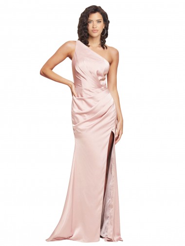 Affordable Full Length Ruched Silky Satin Bridesmaid Dress with Low Back and High Split UK
