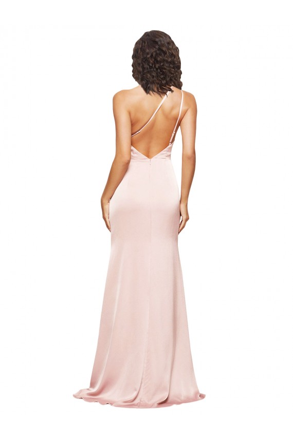 Affordable Full Length Ruched Silky Satin Bridesmaid Dress with Low Back and High Split UK