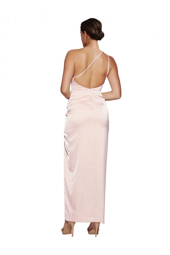 Affordable One Shoulder Full Length Long Silky Satin Bridesmaid Dress with Thigh Split UK