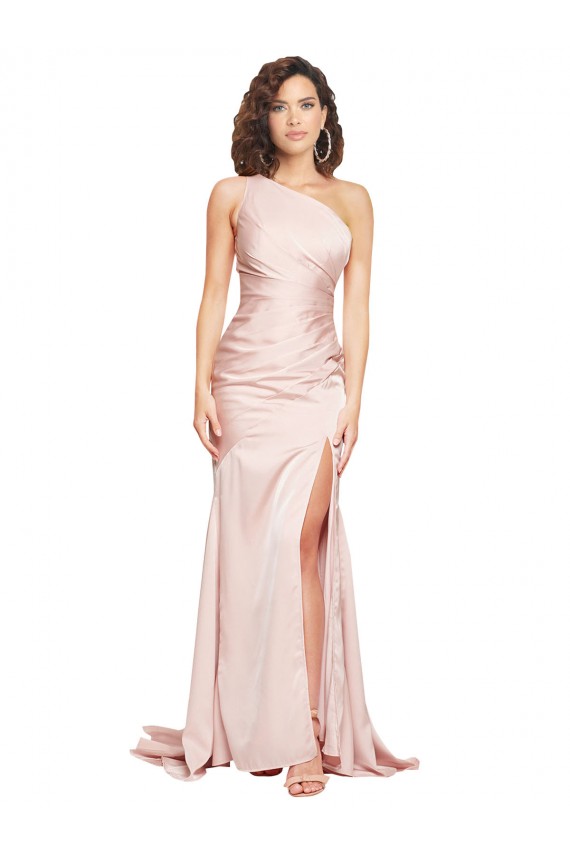 Affordable Full Length One Shoulder Long Silky Satin Bridesmaid Dress with High Split UK