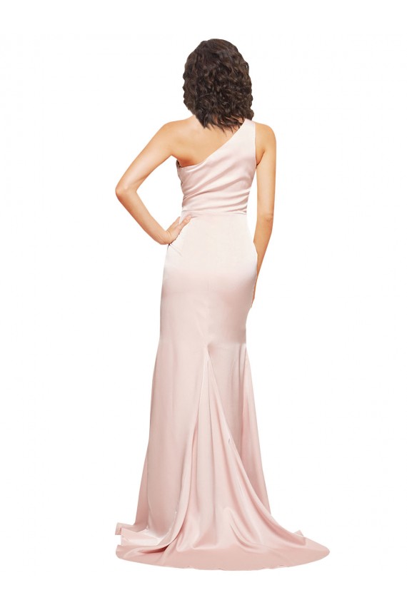 Affordable Full Length One Shoulder Long Silky Satin Bridesmaid Dress with High Split UK