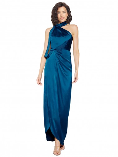 Affordable High Halter Neck Silky Satin Bridesmaid Dress with Sash Overlay and Side Split UK