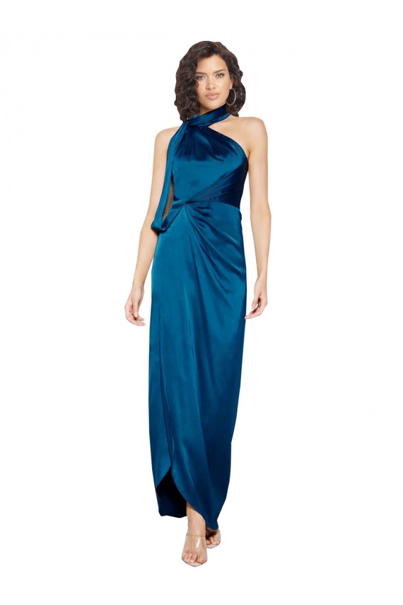 Affordable High Halter Neck Silky Satin Bridesmaid Dress with Sash Overlay and Side Split UK
