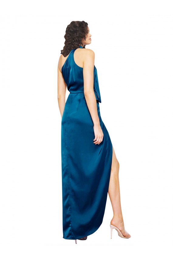 Affordable High Halter Neck Silky Satin Bridesmaid Dress with Sash Overlay and Side Split UK