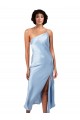 Affordable Midi Length Short Silky Satin Bridesmaid Dress with Asymmetric Neckline and High Side Split UK