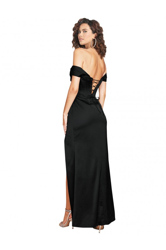 Affordable Fitted Sweetheart Neckline Silky Satin Bridesmaid Dress with Off the Shoulder Sleeves and High Slit UK