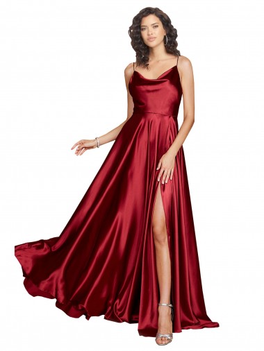 Affordable Silky Satin Cowl Neckline Long Bridesmaid Dress with Spaghetti Straps UK