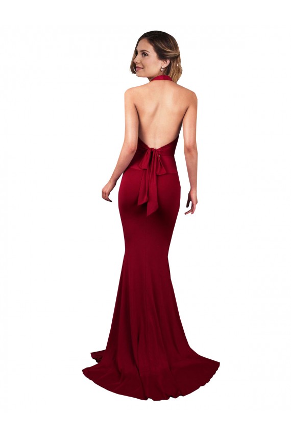 Affordable Halter Mermaid Plunge V-Neckline Open Back Bow Tie Spandex Bridesmaid Dress UK