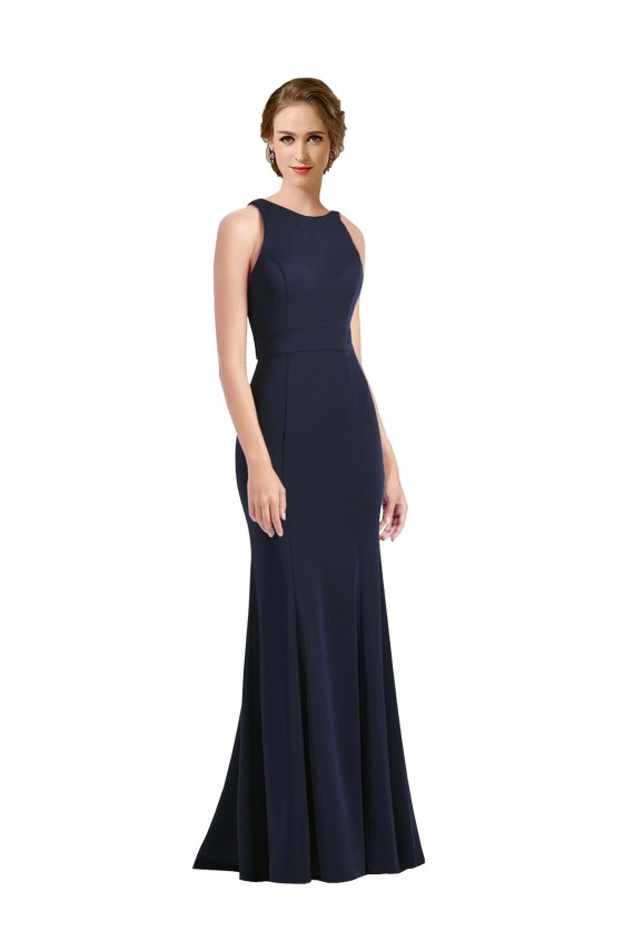 Affordable High Neck Sheath Long Crepe Bridesmaid Dress UK