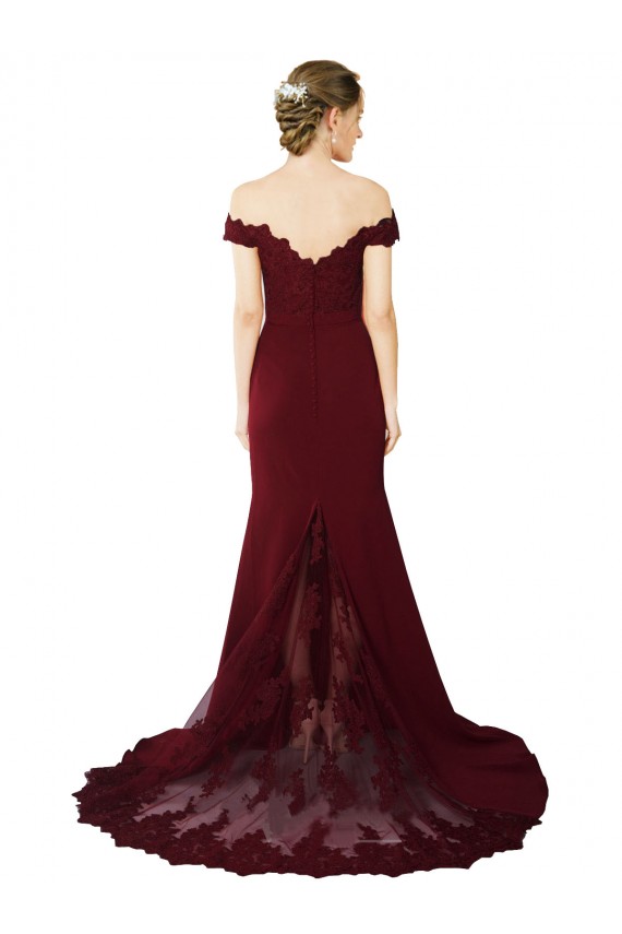 Affordable Full Length Off the Shoulder Crepe Bridesmaid Dress with Lace On Bodice and Back UK