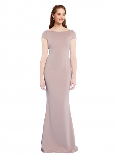 Affordable Boat Neck Cap Sleeve Crepe Bridesmaid Dress with Plunging Tie Back UK