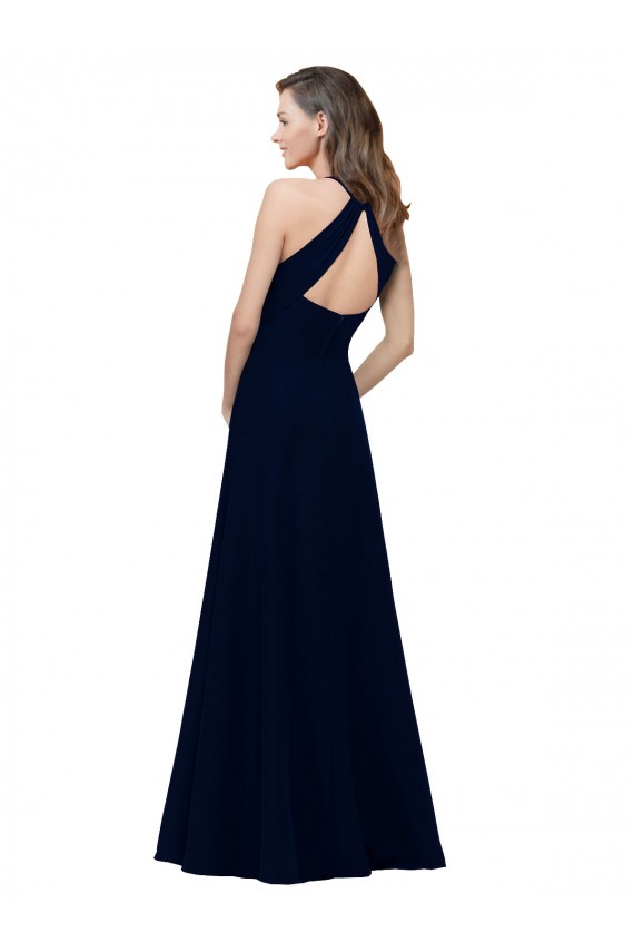 Affordable High Neck Crepe Bridesmaid Dress with Pleats and Keyhole Back UK