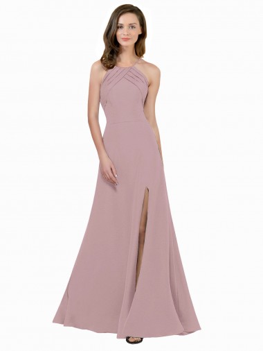 Affordable High Neck Crepe Bridesmaid Dress with Pleats and Keyhole Back UK