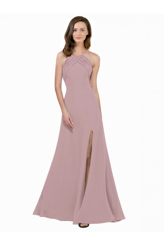 Affordable High Neck Crepe Bridesmaid Dress with Pleats and Keyhole Back UK