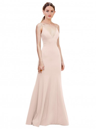 Affordable Deep V-Neck and Back Long Crepe Bridesmaid Dress UK
