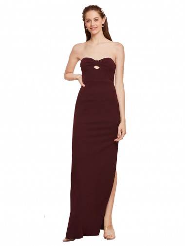 Affordable Twisted Strapless Keyhole Long Crepe Bridesmaid Dress with Slit UK