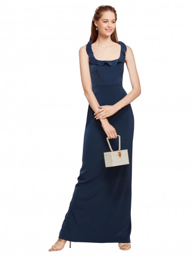 Affordable Scoop Neck with Ruffles Long Crepe Bridesmaid Dress with Back Slit UK