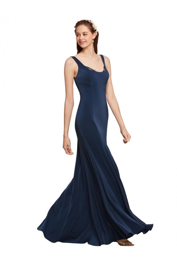 Affordable Fit and Flare Long Crepe Bridesmaid Dress with Round Neck UK