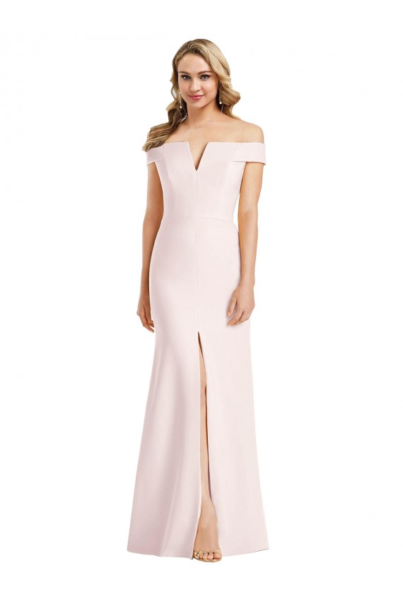 Affordable Off the Shoulder Notch Trumpet Bridesmaid Dress with Front Slit UK