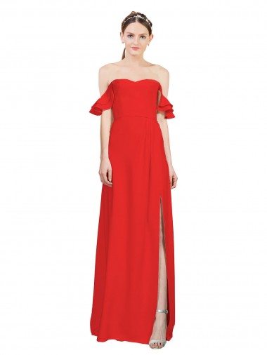 Affordable Double Ruffle Flounce Sleeves Crepe Bridesmaid Dress with Slit UK