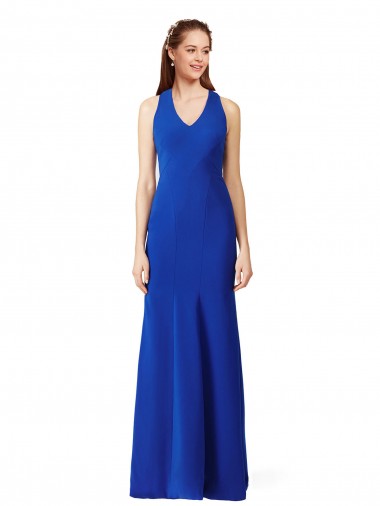 Affordable Halter V-Neck Long A-Line Crepe Bridesmaid Dress UK