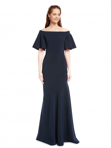 Affordable Off the Shoulder Crepe Bridesmaid Dress with Short Ruffle Sleeves. UK
