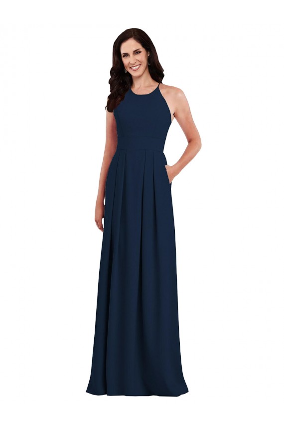 Affordable Criss Cross Back Crepe Halter Bridesmaid Dress with Pockets UK