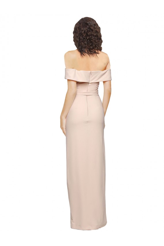 Affordable Off the Shoulder Long Crepe Bridesmaid Dress with Waist Tie and Slit UK