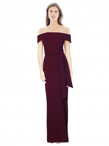 Affordable Off the Shoulder Long Crepe Bridesmaid Dress with Waist Tie UK