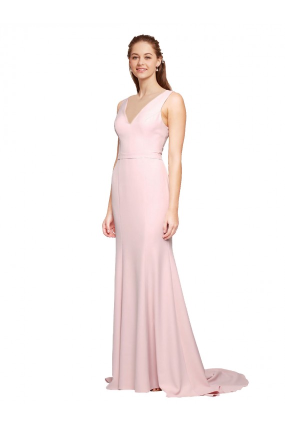 Affordable Deep V-Neckline and Back Long Sweep Train Crepe Bridesmaid Dress with Shoulder Straps UK