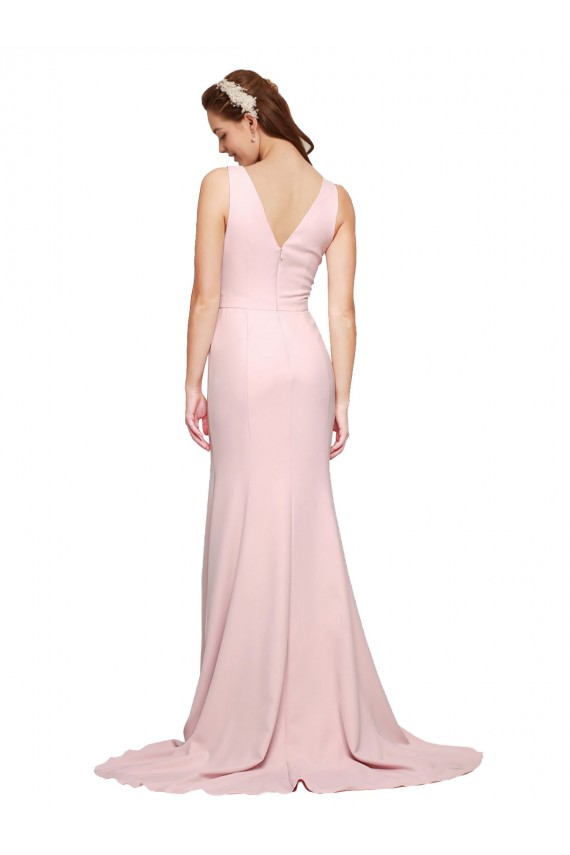 Affordable Deep V-Neckline and Back Long Sweep Train Crepe Bridesmaid Dress with Shoulder Straps UK