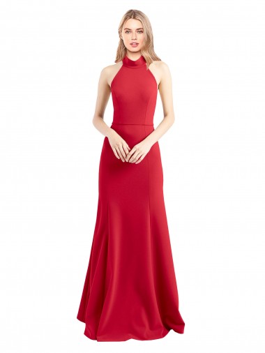Affordable Sleek Fit and Flare High Neck Halter Stretch Crepe Bridesmaid Dress with Open Back UK