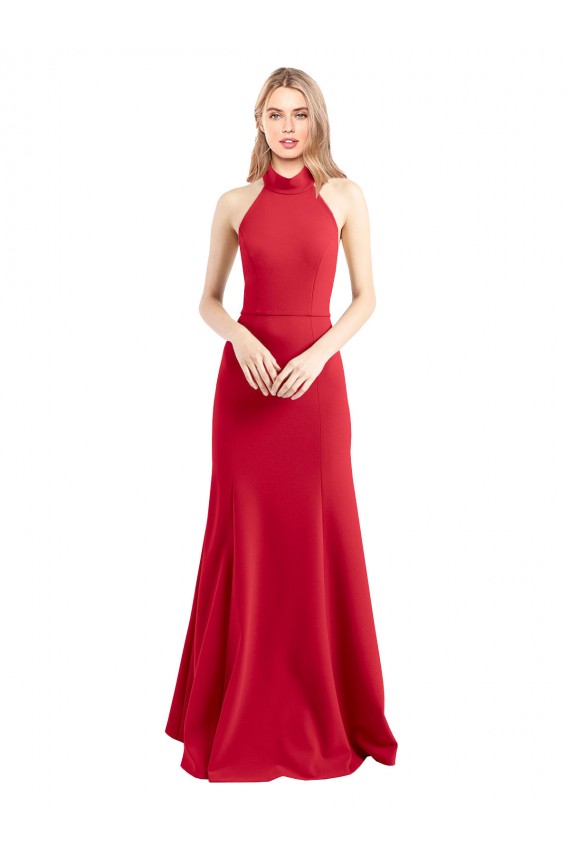 Affordable Sleek Fit and Flare High Neck Halter Stretch Crepe Bridesmaid Dress with Open Back UK