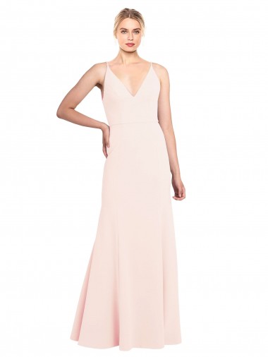 Affordable Slim A-Line V-Neck Long Stretch Crepe Bridesmaid Dress with V-Back UK