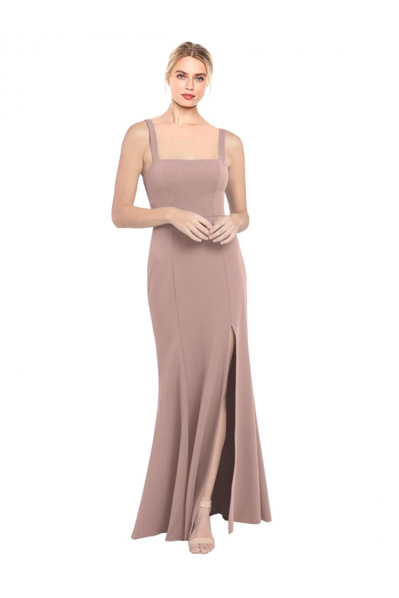 Affordable Square Neck Fit and Flare Long Stretch Crepe Bridesmaid Dress with Side Slit UK
