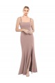 Affordable Square Neck Fit and Flare Long Stretch Crepe Bridesmaid Dress with Side Slit UK