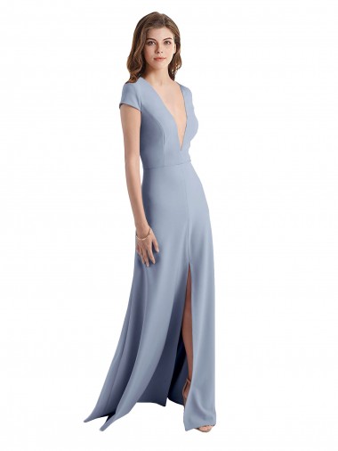Affordable Plunging V-Neck Cap Sleeves Stretch Crepe Bridesmaid Dress with Front Slit UK
