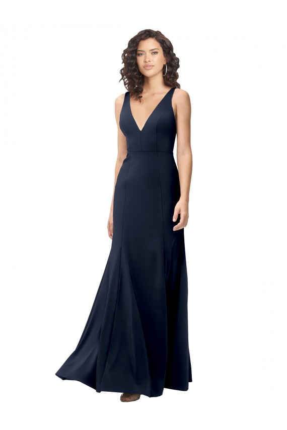 Affordable Classic V-Neck Long Stretch Crepe Bridesmaid Dress with V-Back UK