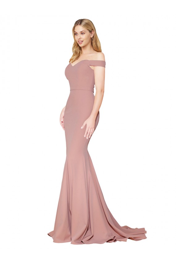 Affordable Off the Shoulder Sweetheart Long Sweep Train Crepe Bridesmaid Dress UK