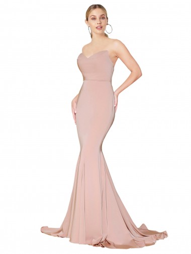 Affordable Sweep Train Sweetheart Long Mermaid Crepe Bridesmaid Dress Low Back UK