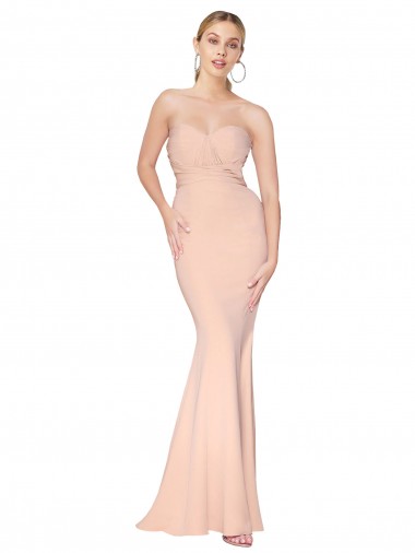 Affordable Sweetheart Shirred Neck Long Floor Length Crepe Bridesmaid Dress UK