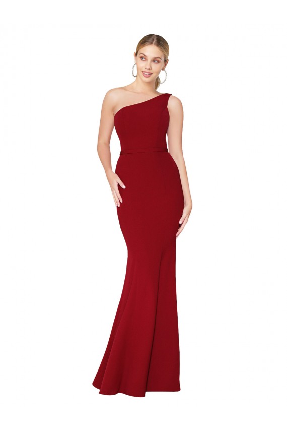 Affordable One Shoulder Long High Neck Sleeveless Mermaid Crepe Bridesmaid Dress UK