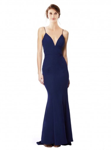 Affordable Deep V-Neck Spaghetti Straps Mermaid Crepe Bridesmaid Dress UK