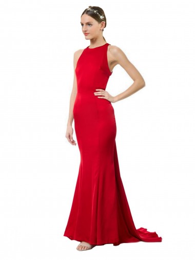 Affordable High Neck Mermaid Open Back Crepe Maxi Bridesmaid Dress with Train Detail UK