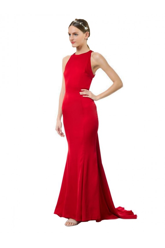 Affordable High Neck Mermaid Open Back Crepe Maxi Bridesmaid Dress with Train Detail UK