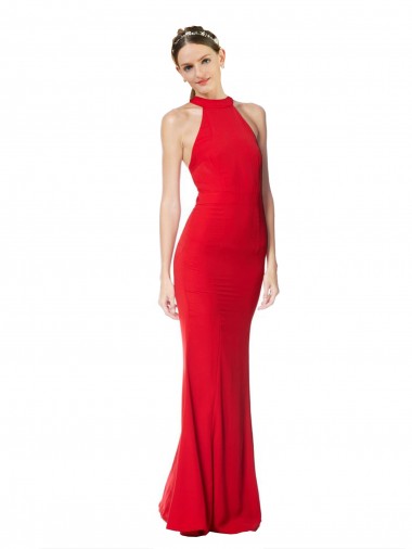 Affordable Halter Neck Keyhole Back Sleeveless Crepe Maxi Bridesmaid Dress UK