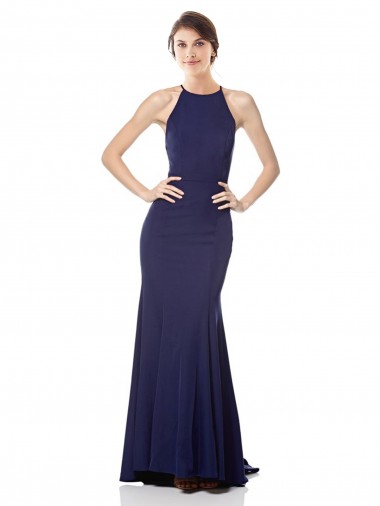 Affordable High Neck Fishtail Crepe Bridesmaid Dress with Open Back Detail UK