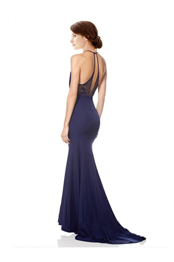 Affordable High Neck Fishtail Crepe Bridesmaid Dress with Open Back Detail UK